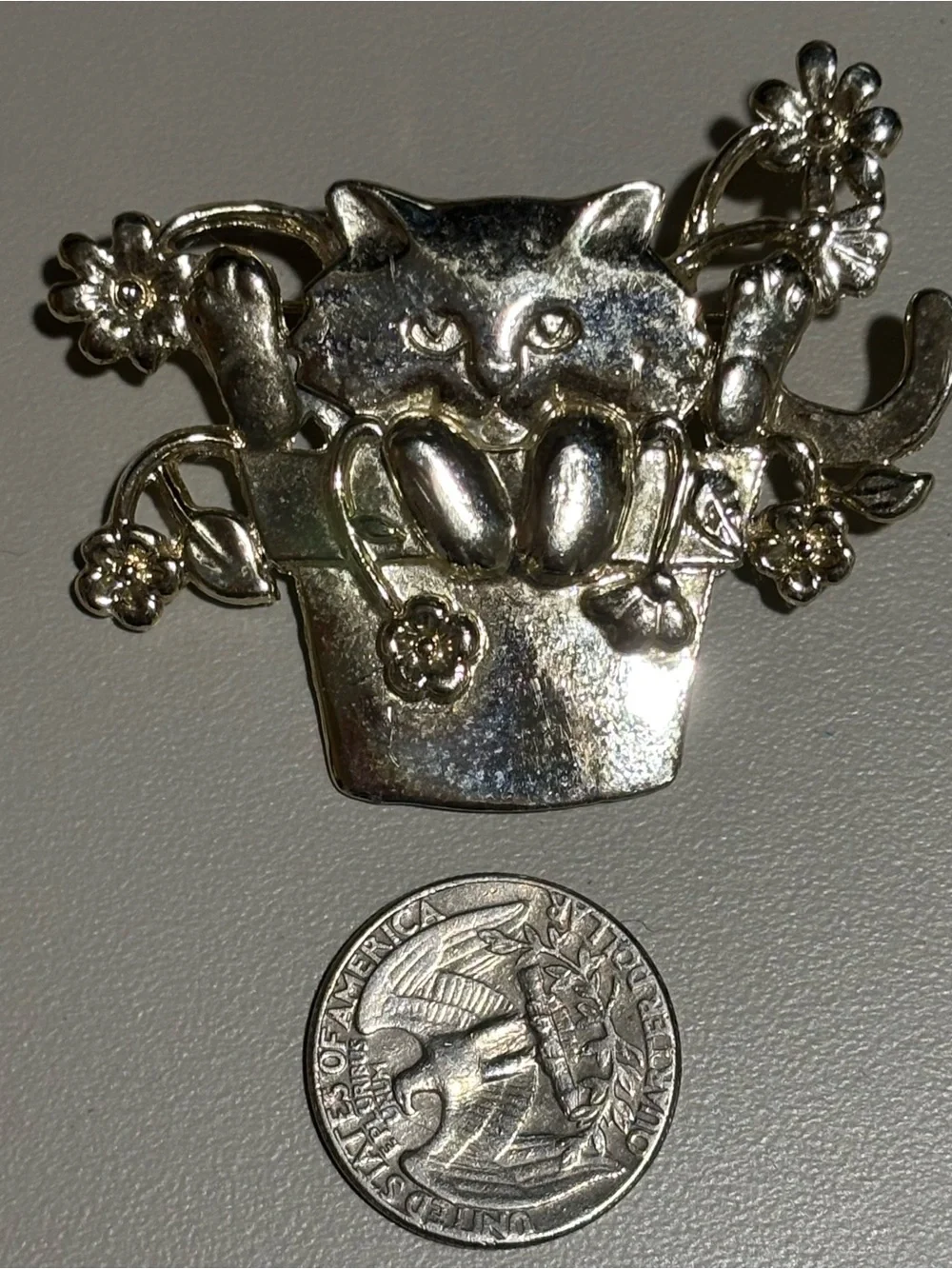 Vintage 90s Cat in Flower Pot Brooch Pin Whimsical Garden Gold Tone Costume